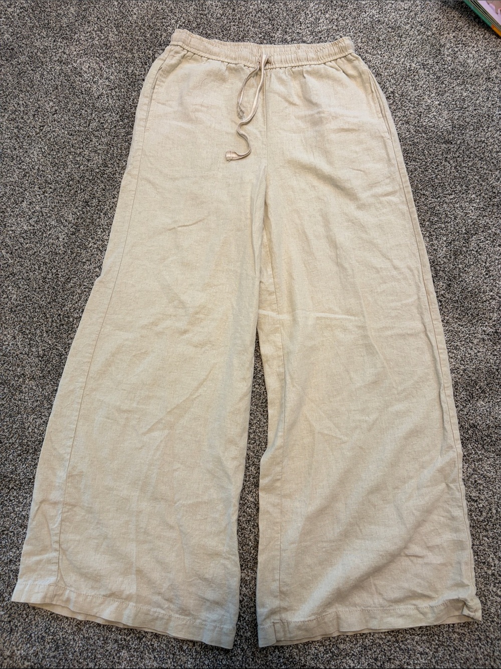 Max Studio Linen-Blend Wide Leg Drawstring Pants in Light Beige